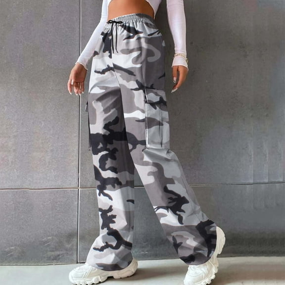 Otvok Womens Camouflage Elastic Waist Lace-Up Pocket Overalls Casual Tracksuit Pants