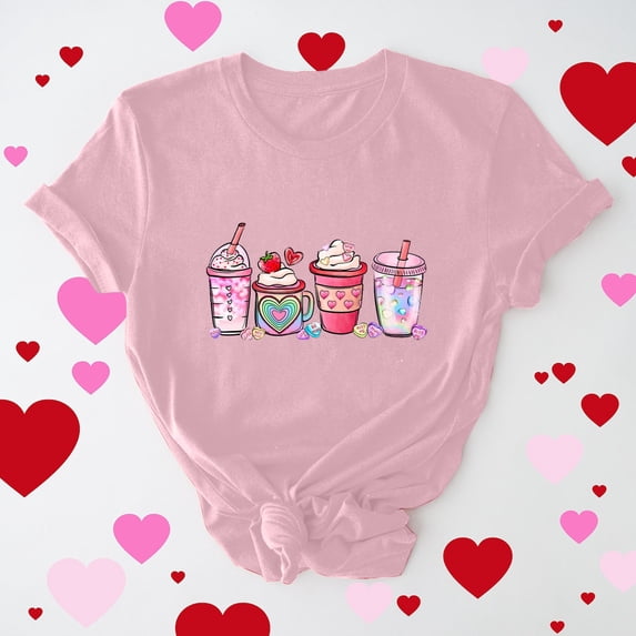Otvok Womens Casual Round Neck Short-Sleeved Printed Valentines T-Shirt Tops