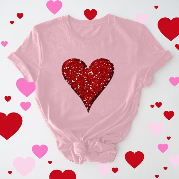 Otvok Womens Casual Round Neck Short-Sleeved Valentines Printed T-Shirt Tops