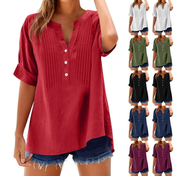 Otvok Womens Casual Short Sleeved Button Up Shirt Pleated Solid Color Loose Summer Top