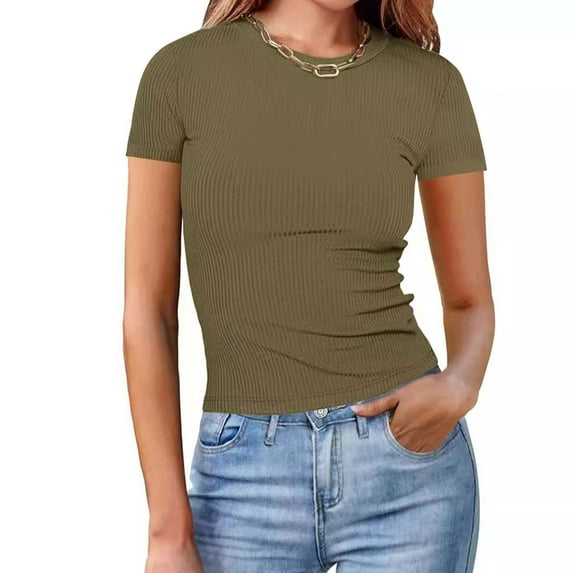Otvok Womens Casual Solid Color Short-Sleeved Crew-Neck Tops
