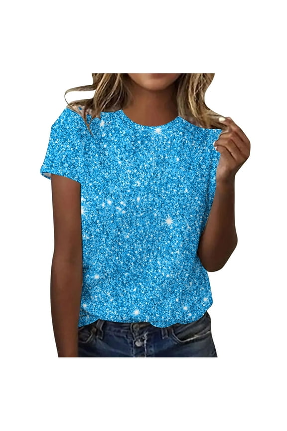 Womens Casual Sparkling Crystal Printed Round Neck Short Sleeved Tops