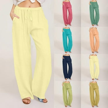 Patlollav Pants for Women's Casual Solid Cotton Linen Trousers Drawstring Pants Elastic Waist Long Wide Leg Pants