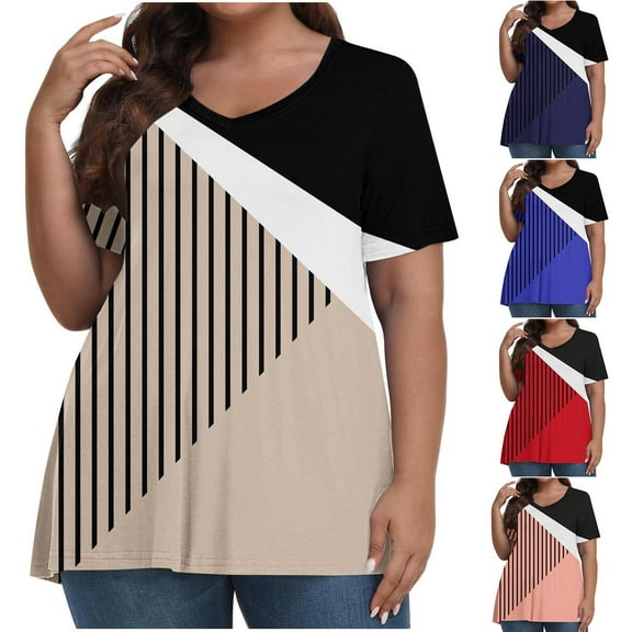 Otvok Womens Casual V-Neck Solid Plus Size Short Sleeve Tops Blouse T-Shirt