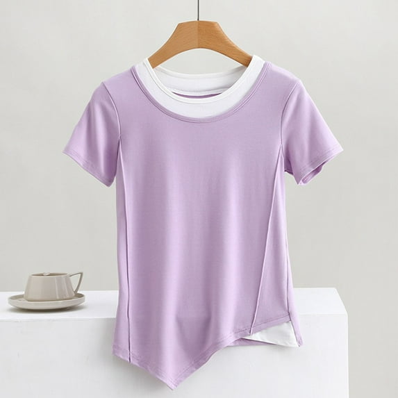 Otvok Womens Casual and Fashionable Solid Color Short Sleeve Round Neck Tops