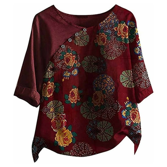 Otvok Womens Tops Casual Button Floral Print Short Sleeve T-Short Blouse