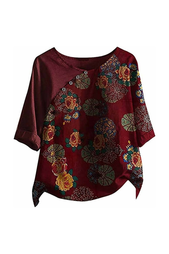 Otvok Womens Tops Casual Button Floral Print Short Sleeve T-Short Blouse