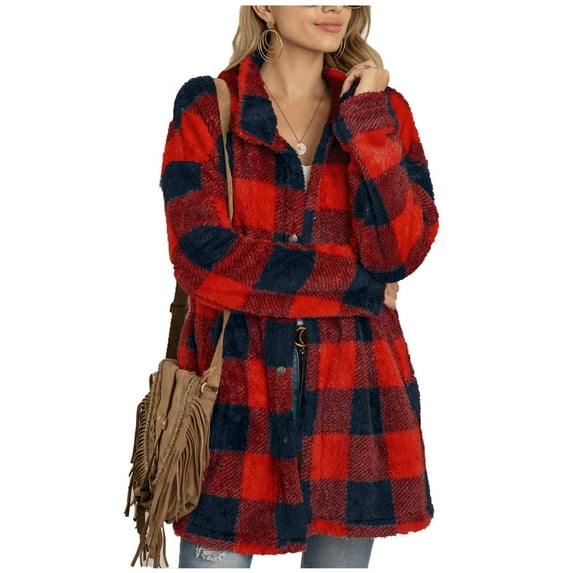 Otvok Womens Coats Plus Size Christmas Plaid Print Buttons Plush Cardigan Coat