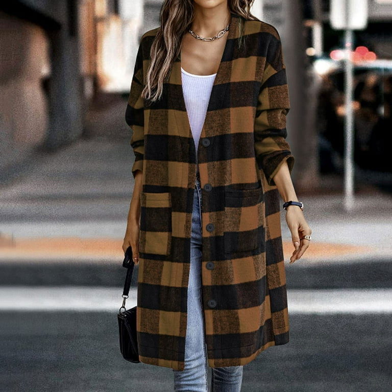 Women's Long Sleeve Lapel Fashion Coat Plaid Wool Long Coat