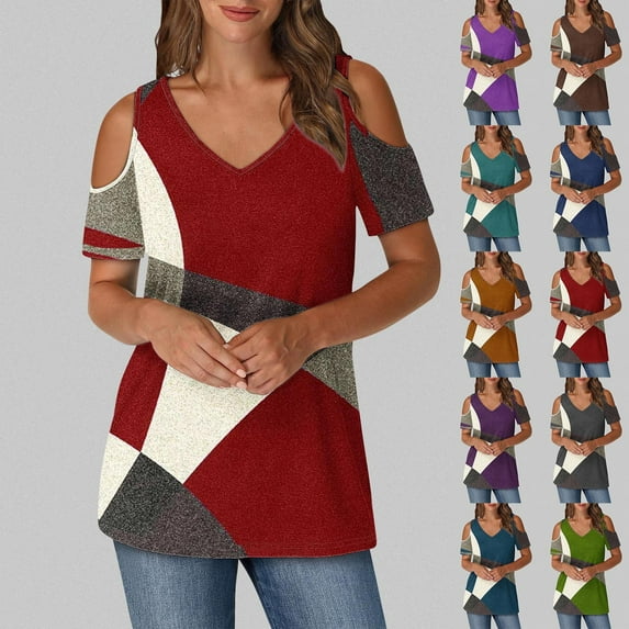 Otvok Womens Color Blocked Printed Short Sleeve V-Neck Off Shoulder Fashionable Top
