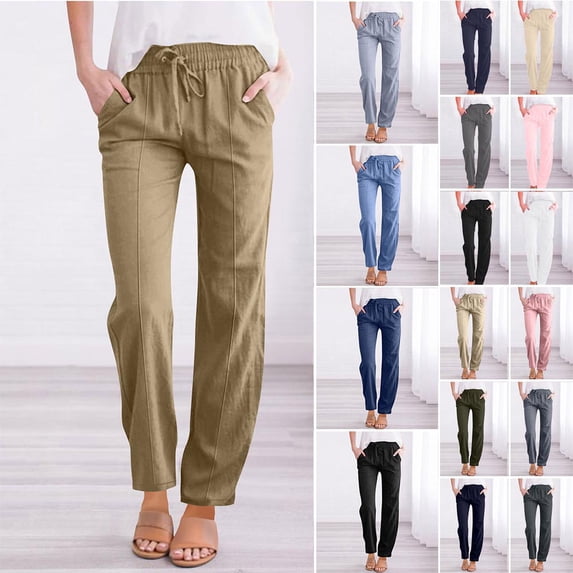 Otvok Womens Cotton Linen Pants Drawstring Solid Loose Elastic Waist Sports Trousers Straight Leg Pants for Work Beach Vacation