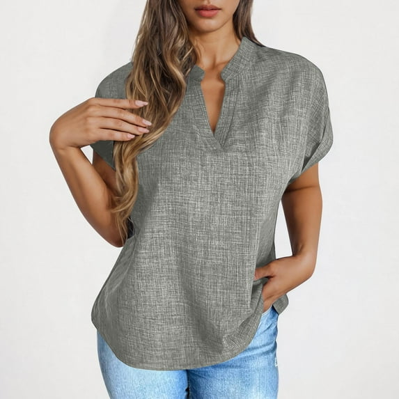 Otvok Womens Cotton and Linen T-Shirt Casual V-Neck Solid Color Short Sleeved Loose Top