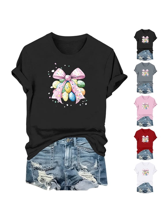 Womens Cute Bunny Graphic T-Shirts Spring Summer 2026 Trendy Short Sleeve Crew Neck Tees Casual Easter Holiday Fashion Blouses