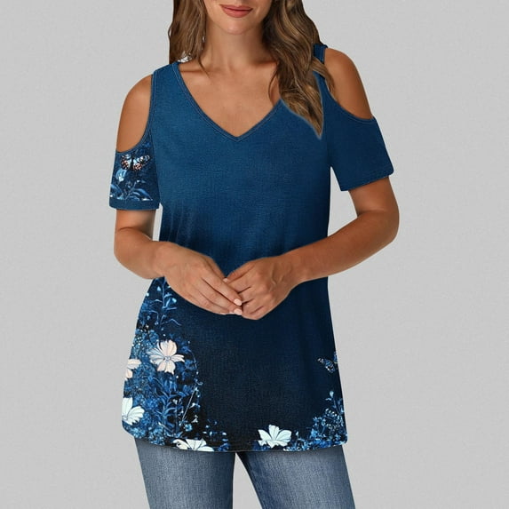 Otvok Womens Dark Blue Blouses Short Sleeved V-Neck Off Shoulder Fashionable Tops