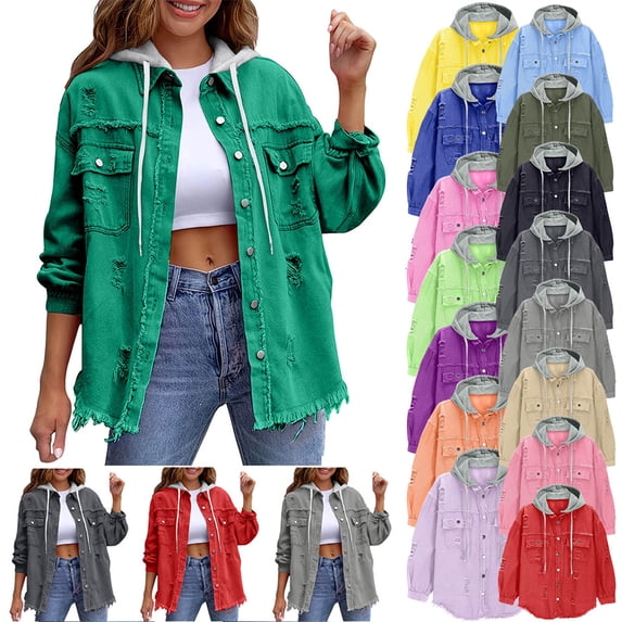 Otvok Womens Denim Jackets Solid Button Down Perforated Long Sleeve Winter Detachable Hooded Jacket with Pockets
