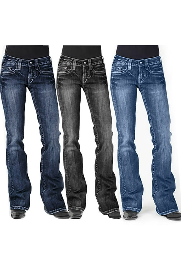 Otvok Womens Denim Jeans Embroidery Stretch Button Straight Full Length Pants