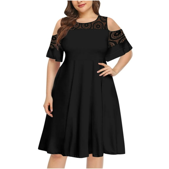 Otvok Womens Dresses Ladies Casual Solid Plus Size Sexy Lace Short Sleeve Loose Dress