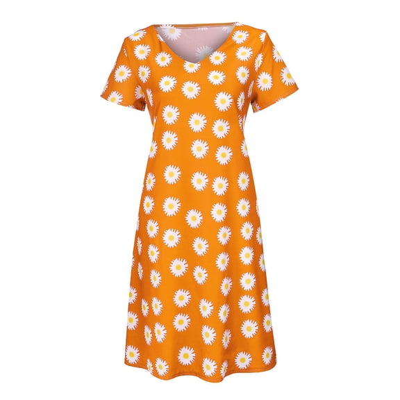 Otvok Womens Dresses Plus Size Daisy Print V-Neck Short Sleeve Loose Knee-Length Dress