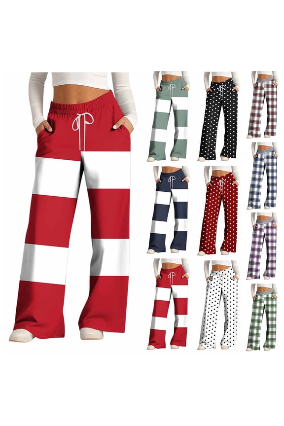 Womens Elastic High Waisted Pants Casual Wide Leg Long Lounge Pants Trousers with Pocket