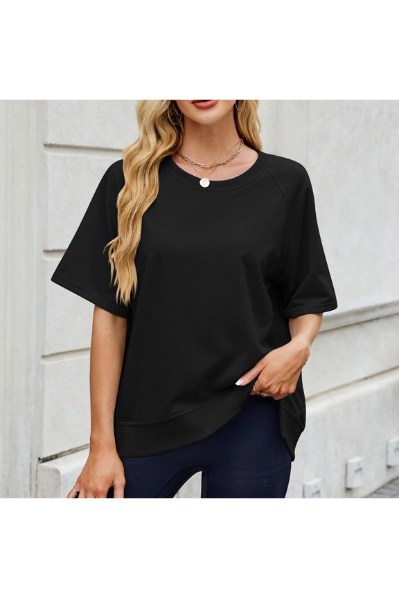 Otvok Womens Fashion Casual Spring and Summer Solid Color Thread Round Neck Top