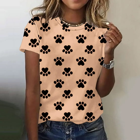 Otvok Womens Fashion Dog Paw Print Short Sleeve Out Blouse Funny Round Neck T-Shirt