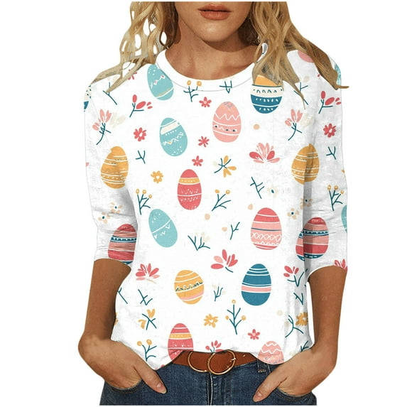 Otvok Womens Fashion Easter Printed T-Shirt 3/4 Sleeve Blouse Round Neck Casual Tops
