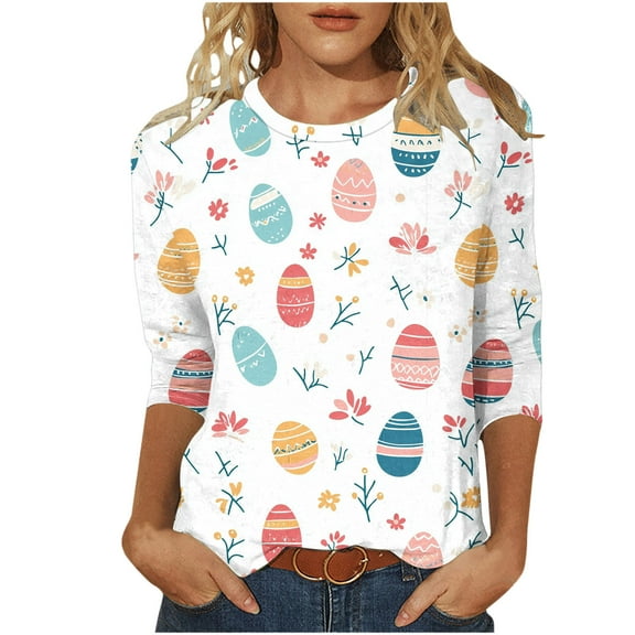 Otvok Womens Fashion Easter Printed T-Shirt 3/4 Sleeve Blouse Round Neck Casual Tops