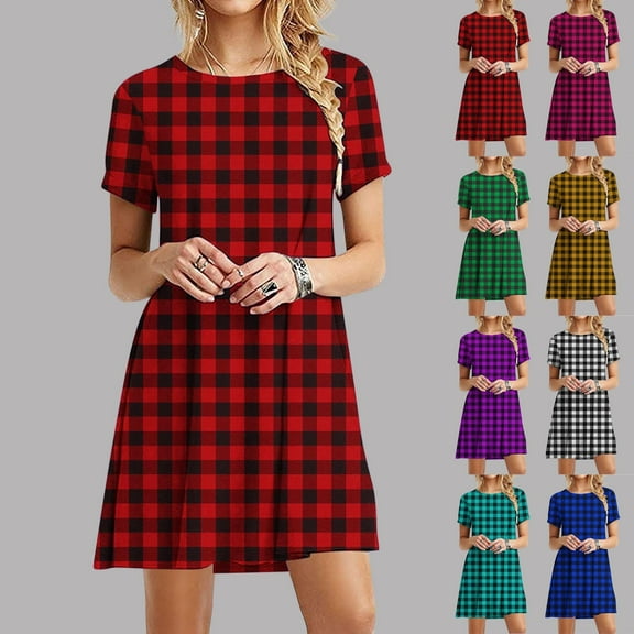 Otvok Womens Fashion Retro Plaid Printed Short Sleeve Round Neck Red Dresses Ladies Dress
