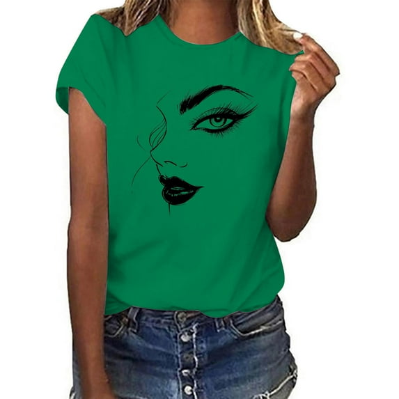 Otvok Womens Fashion Round Neck Face Personalized Printed Short Sleeve T-Shirt