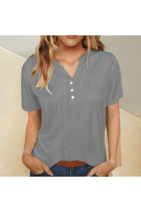 Otvok Womens Fashion Solid Button Cotton Linen Shirt Female V-Neck Loose T-Shirt Blouse