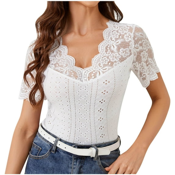 Otvok Womens Fashion V-Neck Lace Solid Color Short Sleeve Blouses
