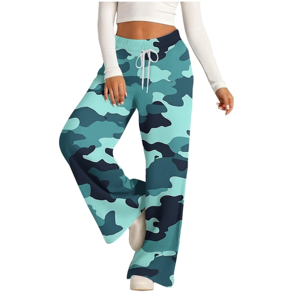 Otvok Womens Fashionable Printed Drawstring Wide Long Pants with Pocket Casual Trousers