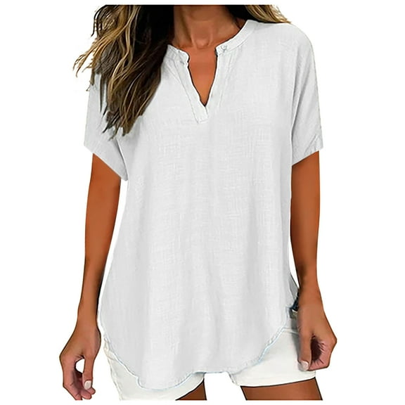 Otvok Womens Fashionable Standing Neck Short Sleeve Loose Shirt Cotton Linen Tops