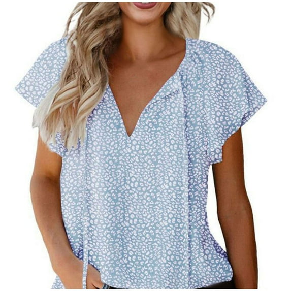 Otvok Womens Floral Casual V-Neck Chiffon Shirt Loose and Simple Short Sleeved Tops