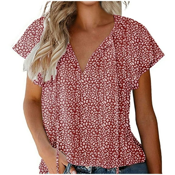Otvok Womens Floral Casual V-Neck Chiffon Shirt Loose and Simple Short Sleeved Tops