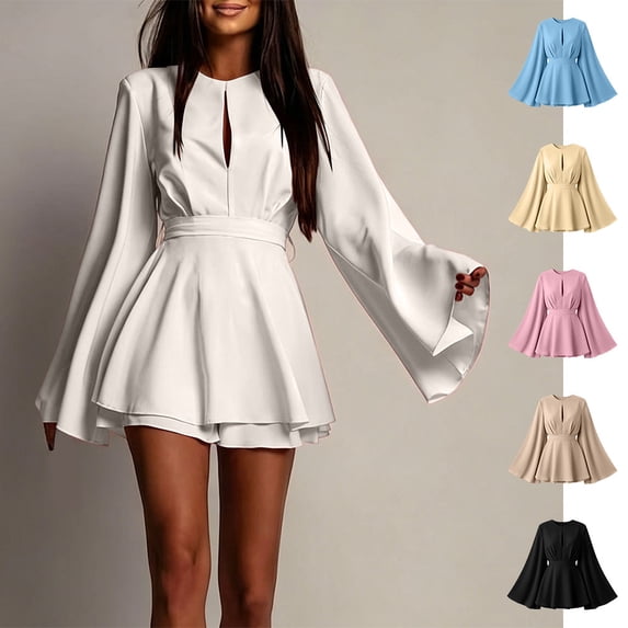 Otvok Womens Flowy A Line Dress, Keyhole Front Wide Bell Sleeve Mini Dress, Self Tie Waist Night Out Party Dress