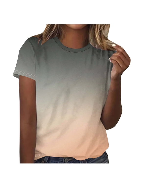 Womens Gradient T Shirts Summer Casual Crewneck Short Sleeve Tops Ombre Loose Fit Tee Lightweight Beach Vacation Fashion Clothes