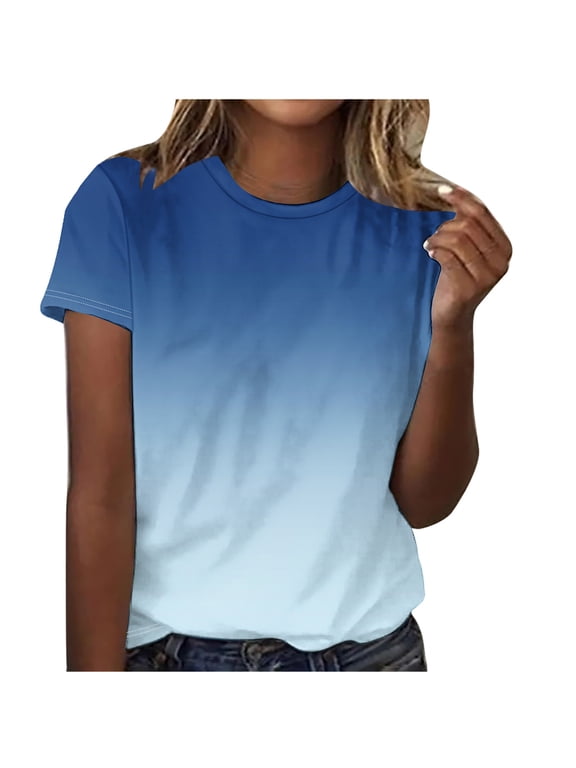 Womens Gradient Tshirts, Women Tops Casual Round Neck Short Sleeve T-Shirt Fashion Summer Ladies Tee Shirt