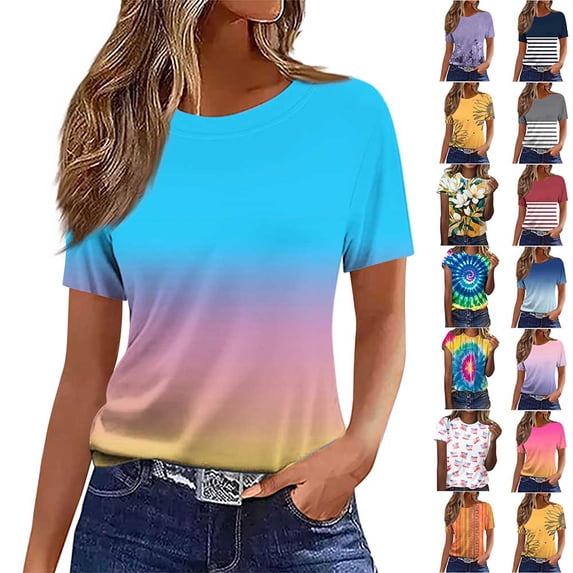 Otvok Womens Graphic Tees Short Sleeve Multicolor Print Casual Tops Workout Basic Tunic Blouses