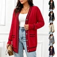 thumbnail image 1 of Otvok Womens Long Sleeve Knit Cardigan with Pockets, Ladies Contrast Strip Trim V Neck Pearl Button Open Front Sweater, 1 of 7