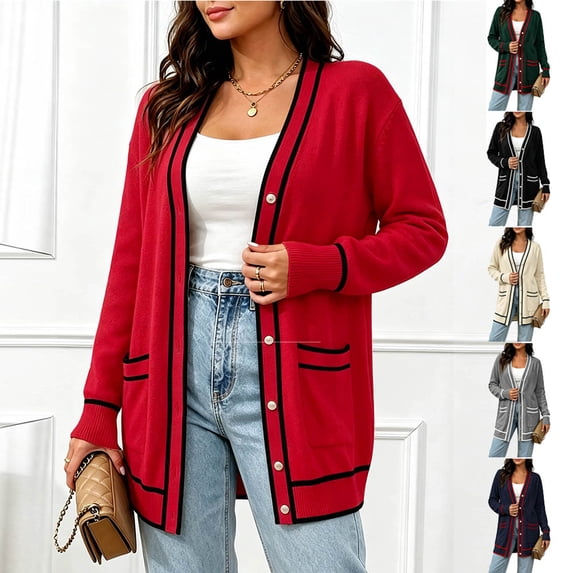 Otvok Womens Long Sleeve Knit Cardigan with Pockets, Ladies Contrast Strip Trim V Neck Pearl Button Open Front Sweater
