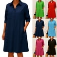 thumbnail image 1 of Otvok Womens Loose Shift Dress Casual Dresses, Lapel Collar Half Button Shirt Midi Gown, Roll Up Sleeves Dual Front Pockets, 1 of 7