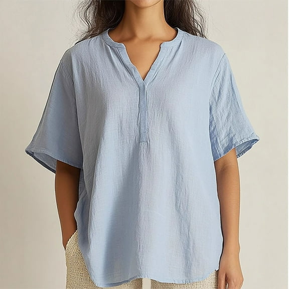 Otvok Womens New Casual Cotton and Linen Short Sleeved Door Tube V-Neck Regular Tops