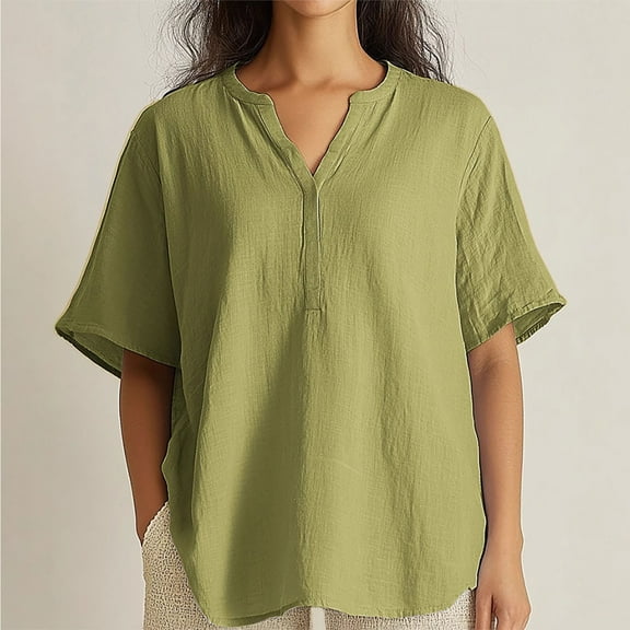 Otvok Womens New Casual Cotton and Linen Short Sleeved Door Tube V-Neck Regular Tops