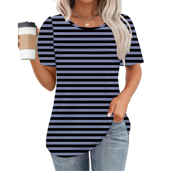 Otvok Womens New Short Sleeve Round Neck Pullover Chest Pleated Striped Print Tops