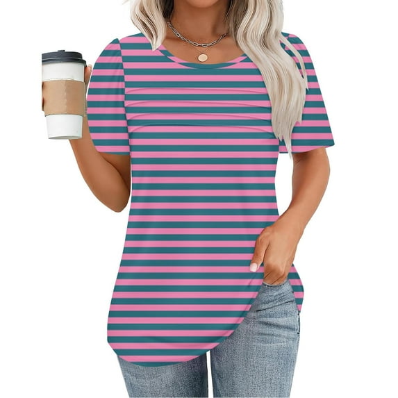Otvok Womens New Short Sleeve Round Neck Pullover Chest Pleated Striped Print Tops