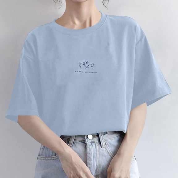 Otvok Womens New Short-Sleeve Tops Round Neck Solid Color Casual Summer Blouse