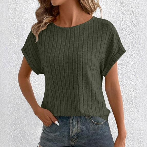 Otvok Womens New Solid Color Round Neck Strip Knitted Short Sleeve Tops