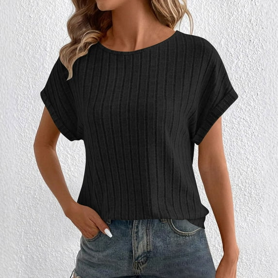 Otvok Womens New Solid Color Round Neck Strip Knitted Short Sleeve Tops