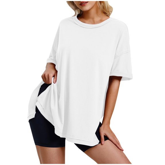 Otvok Womens New Solid Tops Loose Half Sleeve Round Neck Cotton Waist T-Shirt